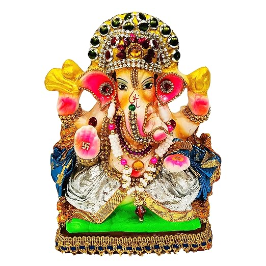 7 Inches Bejeweled Eco Friendly Handcrafted Clay Mud Ganpati Murti Biodegradable Kacchi Mitti Ganesha Water Soluble Ganesh Idol for Ganpati Visarjan