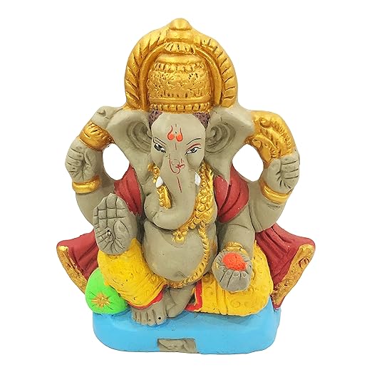  Eco Friendly Handcrafted Clay/Mud Ganpati Murti Biodegradable Kacchi Mitti Ganesha Water Soluble Ganesh Idol for Ganpati Visarjan (6.5 Inches,Multicolor)