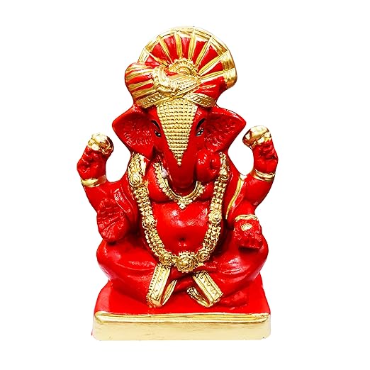  Eco Friendly Biodegradable Ganesha Idol, Mitti Ganpati Statue for Visarjan at Home, Water Soluble Dagdusheth Clay Idol (Size : 8 Inches., Orange)