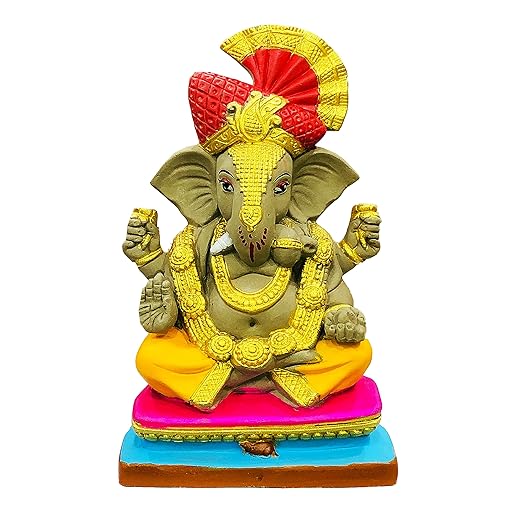 Eco Friendly Handcrafted Clay/Mud Ganpati Murti Biodegradable Kacchi Mitti Ganesha Water Soluble Ganesh Idol for Ganpati Visarjan (H: 10 Inches, Multicolor)