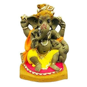 10.5 Inches Eco Friendly Ganesha Idol with Mushak, Biodegradable Ganpati Kachi Mitti Statue for Visarjan at Home, Water Soluble Clay Idol for Ganesh Chaturthi (Natural, Multicolor)