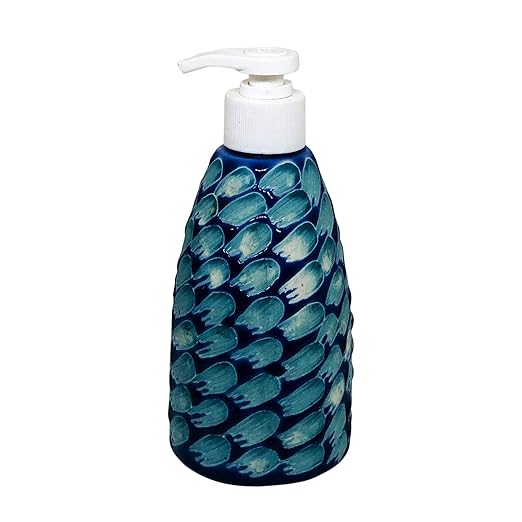 Handcrafted Ceramic handwash Liquid soap Dispenser/Shampoo Dispenser/Gel Dispenser for Bathroom, Kitchen (Blue, Height: 6.5 Inches.)