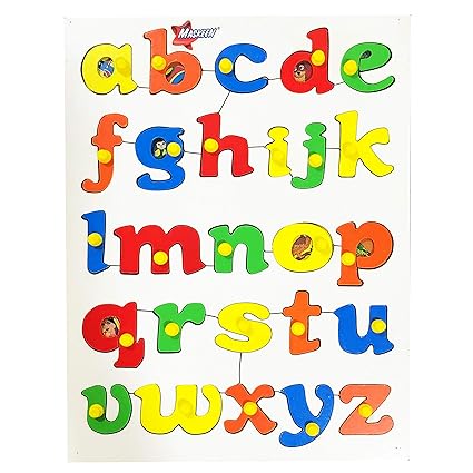  Wooden English Lowercase Alphabets with Knob and Pictures Learning Educational Toy - Multi Color (English Lowercase Puzzle)