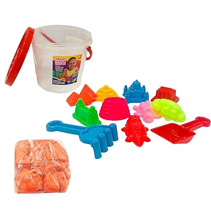 Sand Play Activity Set for Kids, Beach Toy Set, 1 Bucket with Lid, 9 Moulds, 2 Rakes, 1 Kg Sand, Encourages Creativity (Multocolor)