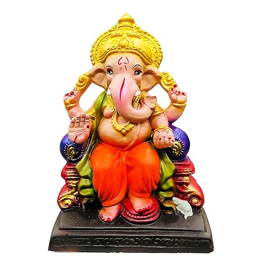  Eco Friendly Handcrafted Clay/Mud Ganpati Murti Biodegradable Kacchi Mitti Ganesha Water Soluble Ganesh Idol for Ganpati Visarjan (9 Inches.,Multicolor, Medium)