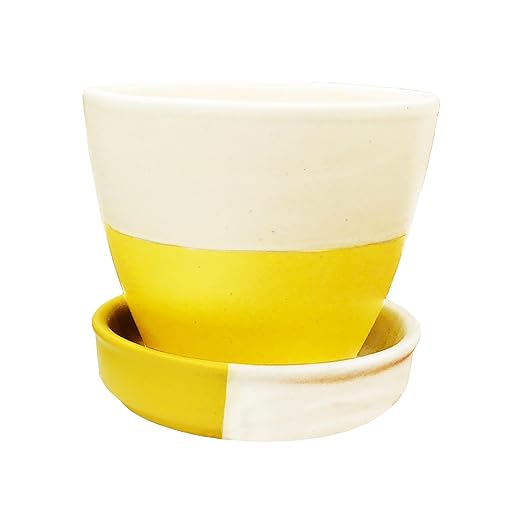 Two-Tone Ceramic Planter Pot with Detachable Drainage Saucer for Indoor & Outdoor Plants, Succulents, Home & Garden Decor (Blue & White, Size :4 Inches.) (Yellow-White)