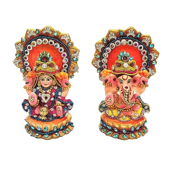 Handcrafted Terracotta Earthen Clay Bejeweled Lakshmi Ganesh Murti/Idol for Diwali Home Decoration, Dipawali Pooja/Puja (Height : 11 Cms.)