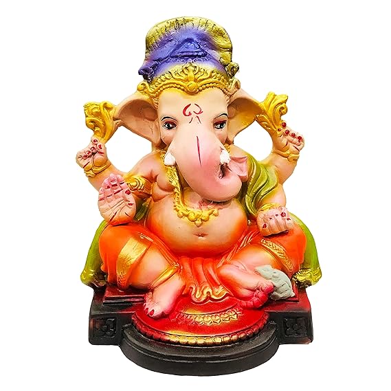 Eco Friendly 8 inches. Biodegradable Ganesh Murti Mitti Ganpati Statue for Visarjan Home Decor Religious God Water Soluble Clay Idol (Natural, Multicolor)