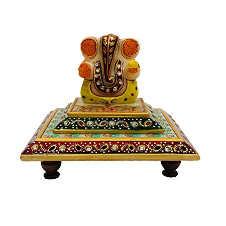 Handcrafted Marble Double Chowki with Ganesha Idol (Size : 6x6 Inches.)