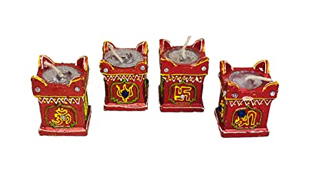 Tulsi Kyara Diya of Terracotta/Earthenware Clay for Diwali, Puja, Festival Decoration & Home Decoration (Pack of 4, Bright Red