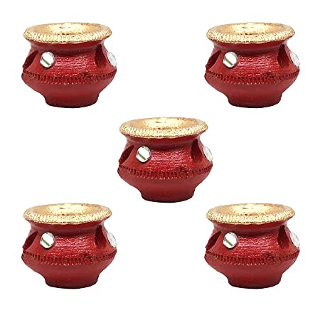 Red Decorative Terracotta Matka Shape Diyas for Diwali Decoration & Lighting with Tealights (Pack of 5) - Size(LxWxH in Cms.) : 8x8x5.5