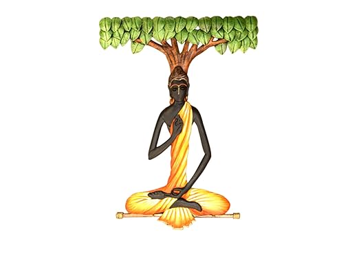  Wrought Iron Wall Hanging Masterpiece For Home Decor Featuring Buddha Meditating Under Tree (Size: 18x15 Inches, Rust Free, Metal)