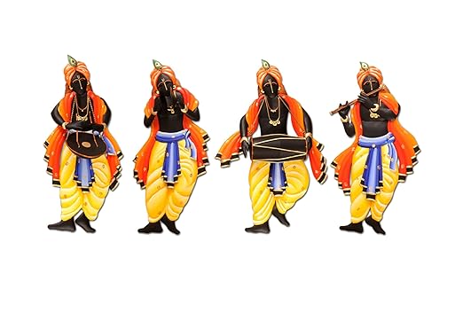 Handmade Wrought Iron Multicolour Krishna Musician Wall Hanging Masterpiece (Size: 16x18 Inch Each, Set Of 4, Metal)