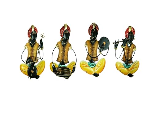 Wrought Iron Tribal Musicians Handcrafted Wall Hanging For Home Decor (Set of 4, Size: 14x8 Inches Each, Metal)