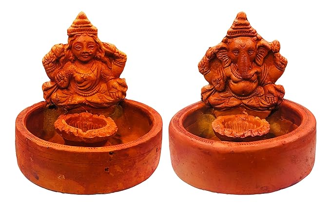  Terracotta Earthen Clay Handcrafted Lakshmi Ganesh Diya Pair with Plate, Decorative Diwali Diya for Home Decoration (Size : 5 Inches, Natural)