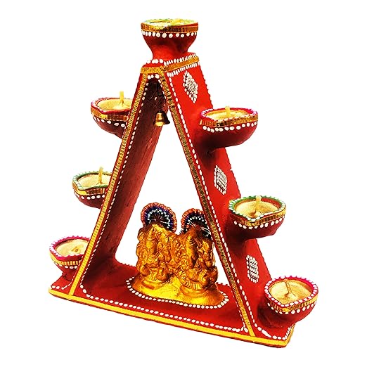  Handcrafted Terracotta/Earthen Clay Decorative Lakshmi Ganesh Diwali Diya / Candle Lamp with 7 Diyas (Multicolor, Size : 8.5 Inches.)