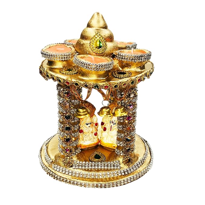 Terracotta Earthenware Clay Hatri Lakshmi Ganesh Diwali Temple Mandir for Diwali Puja/Pooja with 5 Wax Filled Diya 0n Top (Color : Golden) Size(LxWxH in Cms.) : 16x16x23