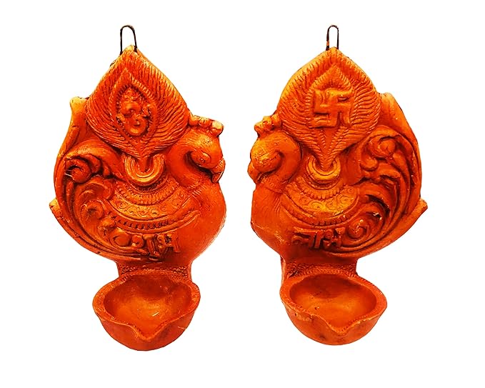 Terracotta Earthenclay Handcrafted Shubh Labh Wall Hanging Diya,Decorative Diwali Clay Diya for Home Decoration (Size : 6.5 Inches.) (Peacock-Natural)