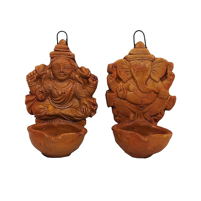  HandcraftedTerracotta/Earthen Clay Wall Hanging Laxmi Ganesh Diwali Diya/Tealight for Home Decoration, Dipawali Pooja/Puja Big Diya(Size[LxWxH(in Cms.)]-9x7x13)