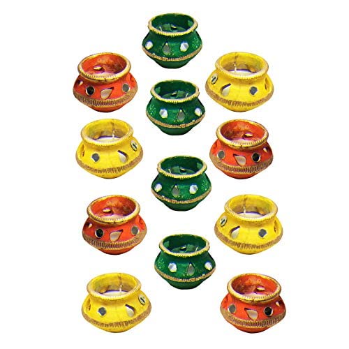  Handcrafted Terracotta/Earthen Clay Decorative Matki Diwali Diya/Diwali Candle Diya - LxWxH(in Cms,) : 8x8x6, Multicolor, Set of 10