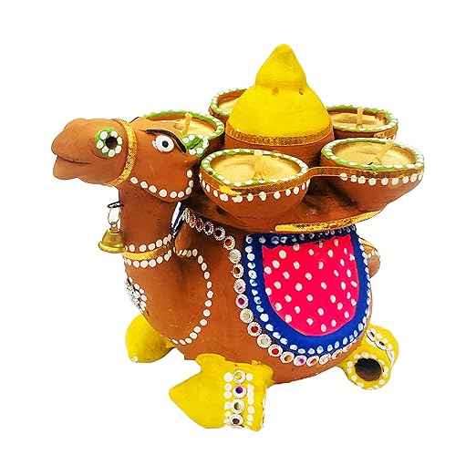  Handcrafted Terracotta Earthen Clay Camel Decorative Diwali Diya / Candle Lamp (Multicolor, Size : 7.5 Inches.)