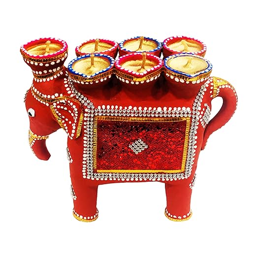 Handcrafted Terracotta/Earthen Clay Decorative Elephant Diwali Diya / Candle Lamp with 7 Diyas on Top - LxWxH(in Cms,) : 10x21x18