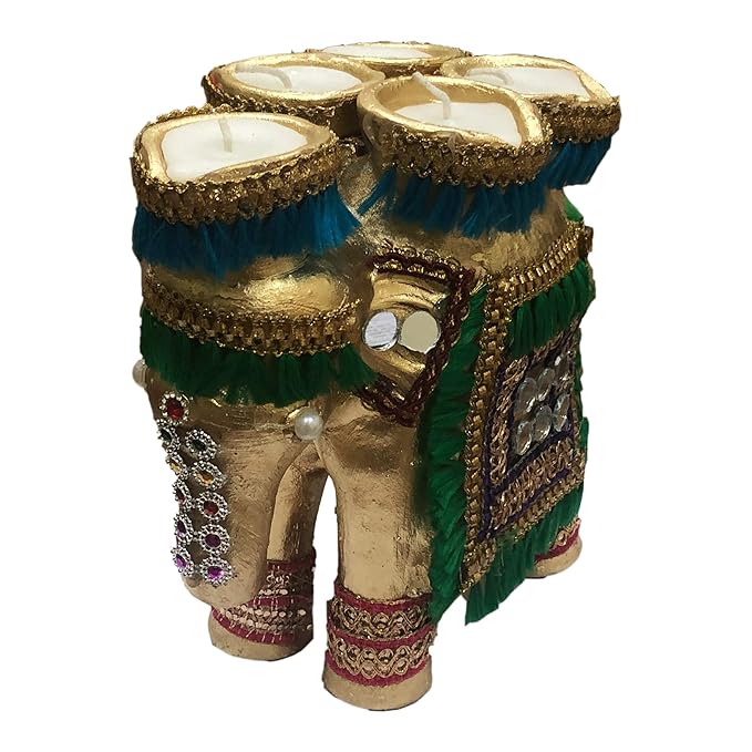  Handcrafted Terracotta/Earthen Clay Decorative Elephant Diwali Diya/Diwali Candle Diya with 5 Diyas on Top - Golden, LxWxH(in Cms,) : 19x11x17