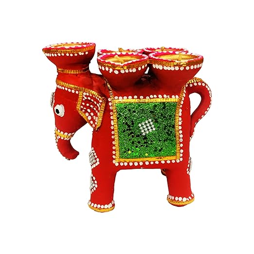  Handcrafted Terracotta/Earthen Clay Decorative Elephant Diwali Diya / Candle Lamp with 5 Diyas on Top - LxWxH(in Cms,) : 10x18x14