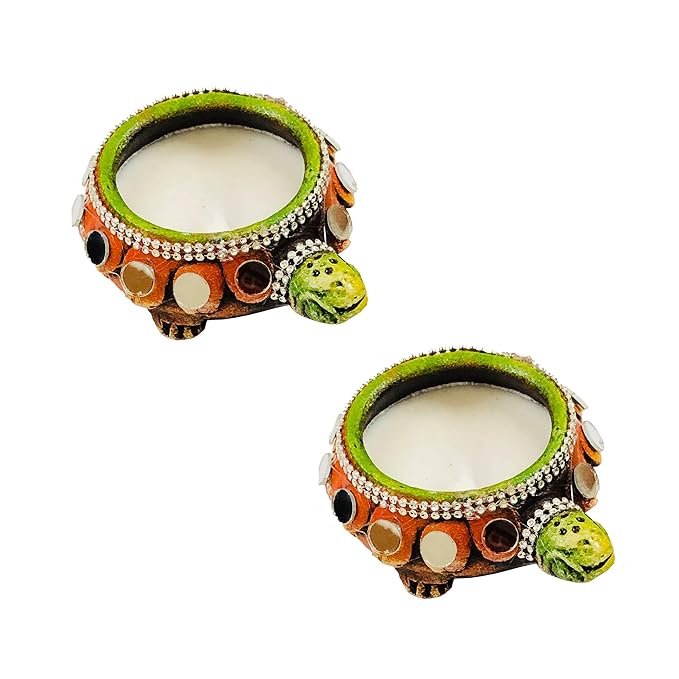 Handcrafted Terracotta/Earthen Clay Decorative Diwali Diya/Diwali Candle Diya (Pack of 2) - LxWxH(in Cms,) : 9x12x5 (Multicolor)