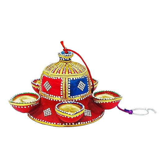  Handcrafted Terracotta/Earthen Clay Decorative Hanging Bell Diwali Diya / Candle Lamp with 5 Diyas on Top (Multicolor, Size : 7.5 Inches.)