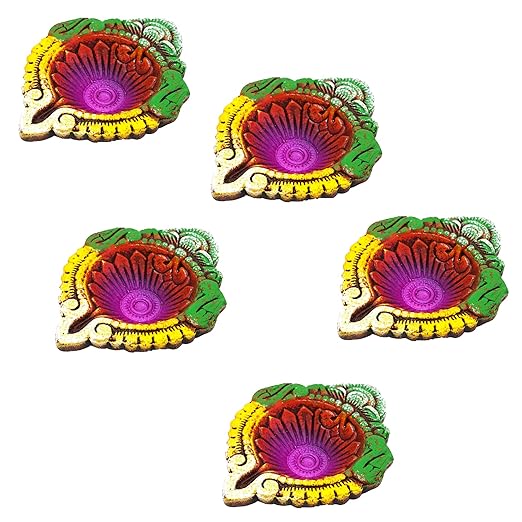  Handmade Handpainted Terracotta/Earthen Clay Decorative Small Diwali Diya/Tealight for Dipawali Pooja/Puja - Pack of 5 (Size[LxWxH(in Cms.)]-9x8x2)