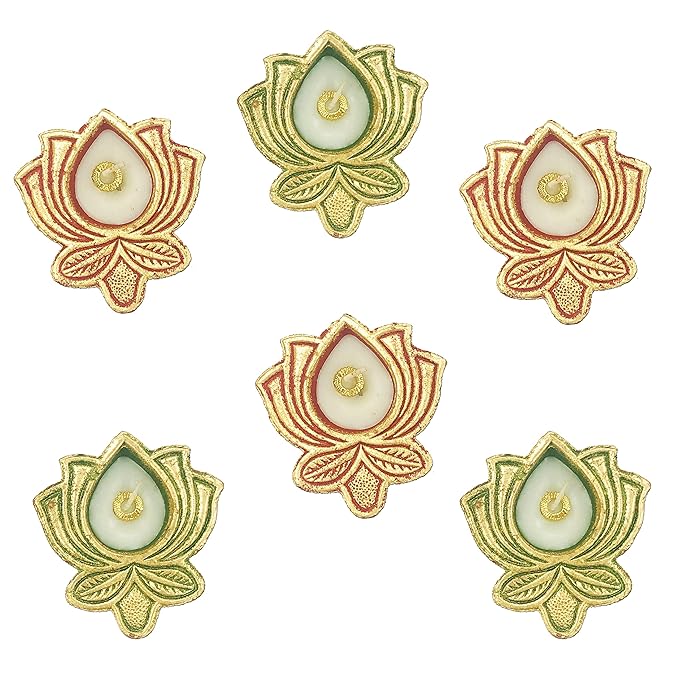 Handcrafted Terracotta Earthen Clay mud Set of 6 Wax Filled Diya for Home Decoration, Decorative Diwali Mitti Diya Set, Reusable Diya (Umi Lotus - Multicolor)