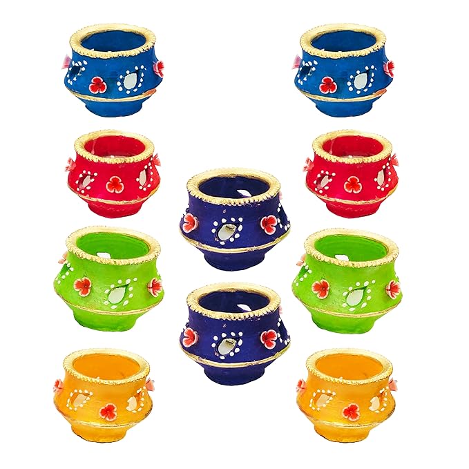 Handcrafted Terracotta Earthen Clay mud Set of 10 Wax Filled Diya for Home Decoration, Decorative Diwali Mitti Diya Set, Reusable Diya (Matki-Multicolor)