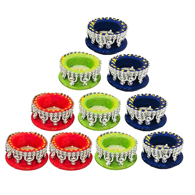 Handcrafted Terracotta Earthen Clay mud Set of 10 Wax Filled Diya for Home Decoration, Decorative Diwali Mitti Diya Set, Reusable Diya (MatkiGotta-Multicolor)