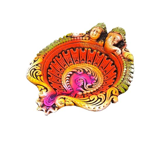  Handmade Handpainted Terracotta/Earthen Clay Decorative Big Diwali Diya/Tealight for Dipawali Pooja/Puja (Size[LxWxH(in Cms.)]-19x15x4)