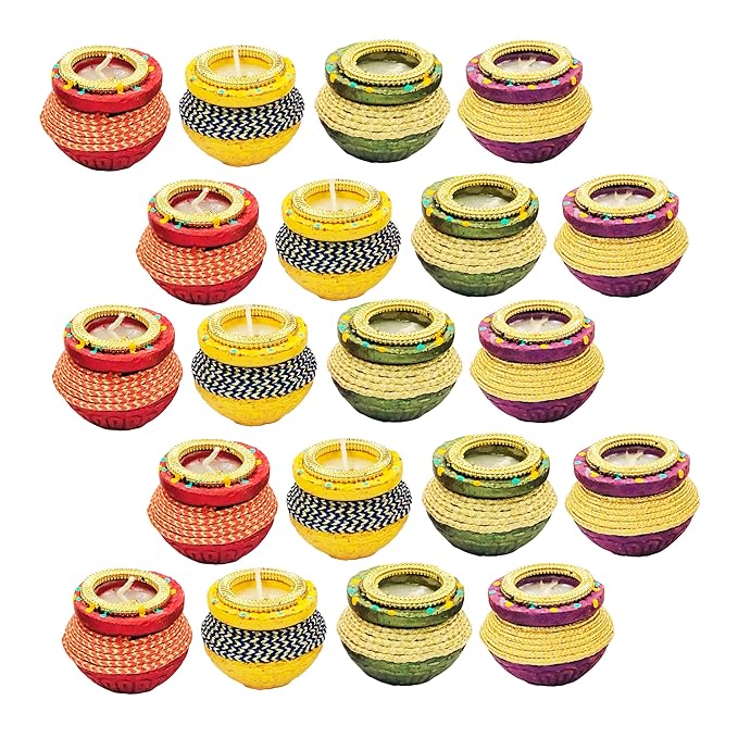  Terracotta Earthen Clay Reusable Handcrafted Wax Filled Decorative Diwali Diya for Home Decoration (Pack of 20, Multicolour)