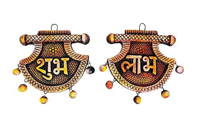  Handcrafted Traditional Earthenware Shubh Labh Wall Hanging for Home Decor, Door Hanging, Garden Decor,Office Decor (Size : 4 Inches.) (Orange)