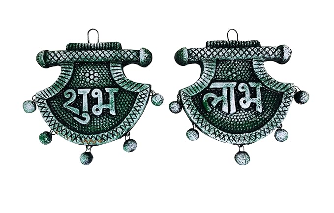 Handcrafted Traditional Earthenware Shubh Labh Wall Hanging for Home Decor, Door Hanging, Garden Decor,Office Decor (Size : 4 Inches.) (Green)