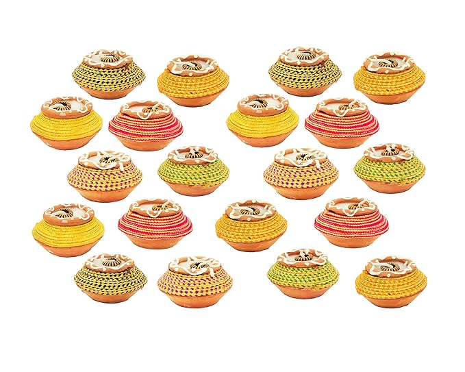  Terracotta Earthen Clay Reusable Handcrafted Wax Filled Decorative Diwali Diya for Home Decoration (Multicolour, Pack of 20)