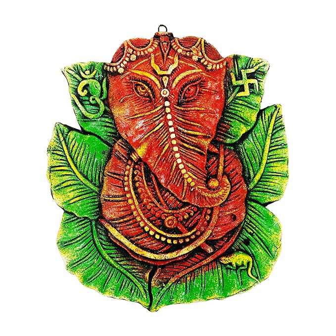 Handcrafted Terracotta Earthen Clay Lord Ganesha On Leaf Wall Hanging for Diwali Home Decor,Garden Decor,Office Decor (Size : 9 Inches.) (Multicolor)