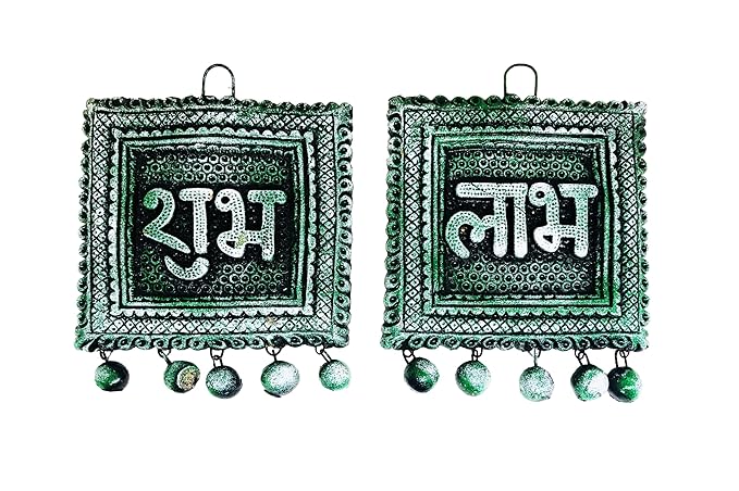 Handcrafted Traditional Earthenware Shubh Labh Wall Hanging for Home Decor,Door Hanging,Garden Decor,Office Decor (Size : 4 Inches.) (Green)