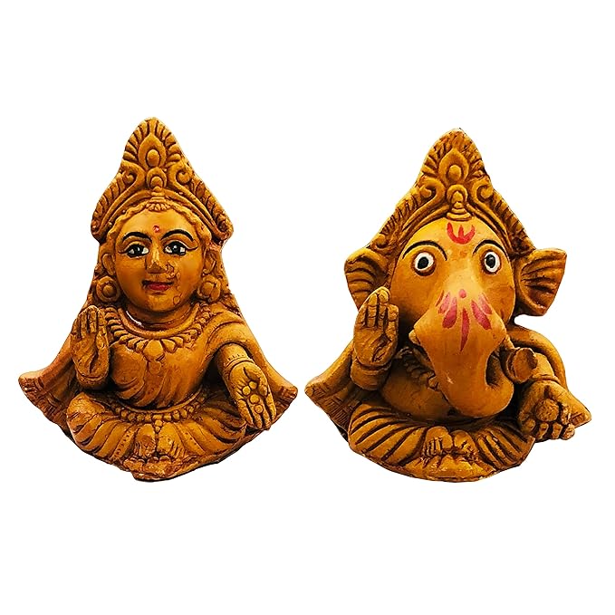  Handcrafted Terracotta/Earthen Clay Gudiya Laxmi Ganesh Idol for Diwali Puja, Home Decor (Color : Terracotta) (Medium, 4.5), Multicolor