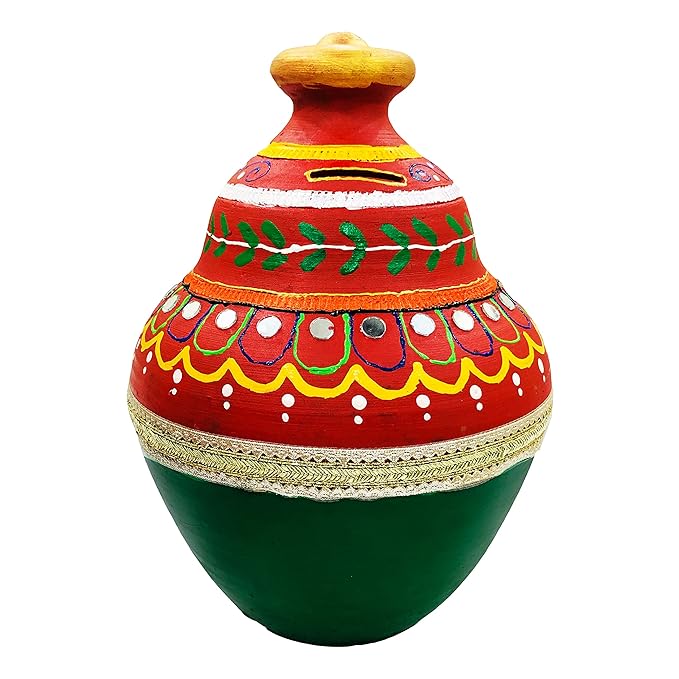 Handcraft Terracotta Money Bank, Coin Holder, Piggy Bank, Mitti Ki Gullak, Coin Box, Money Box - Gift Items for Kids and Adults (Red) (Medium Big (Height : 11.5 Inches.))