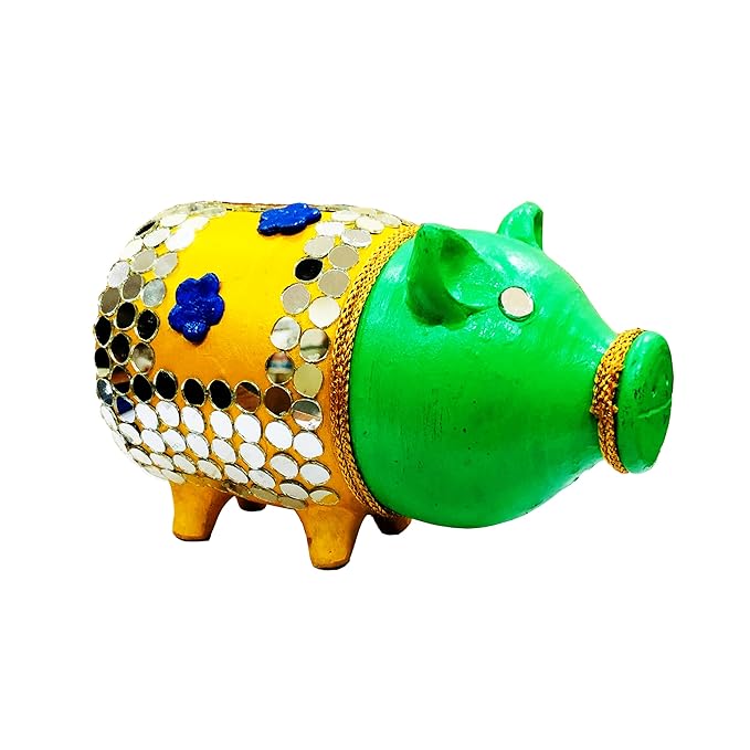 Handcrafted Terracotta Money Bank, Clay Coin Bank, Coin Holder, Piggy Bank, Mitti Ki Gullak, Money Box - Gift Items for Kids and Adults (Shape : Pig) (Yellow-Green)