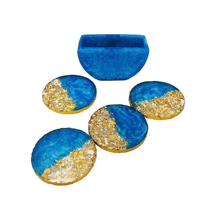 Premium Handmade Round Gold Silver Flakes Resin Coaster Set with Holder, Tea Coasters, Chai Coasters, Round Coffee Coasters (Set of 4, Size : 4 Inches.) (Round-Blue Color)