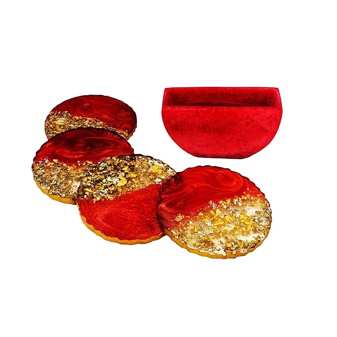 Premium Handmade Round Gold Silver Flakes Resin Coaster Set with Holder, Tea Coasters, Chai Coasters, Round Coffee Coasters (Set of 4, Size : 4 Inches.) (Round-Red Color)