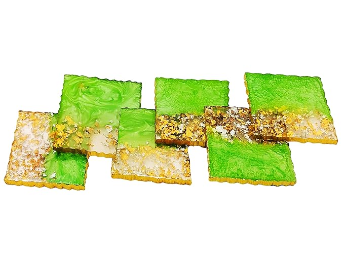 Premium Handmade Square Gold Silver Flakes Resin Coaster Set, Tea Coasters, Chai Coasters, Square Coffee Coasters (Set of 6, Size : 3.7 Inches.) (Green Silver Gold Flakes)