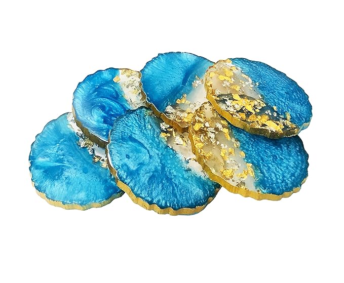 Premium Handmade Round Gold Silver Flakes Resin Coaster Set, Tea Coasters, Chai Coasters, Round Coffee Coasters (Set of 6, Size : 4 Inches.) (Ocean Blue - Silver Gold Flakes)