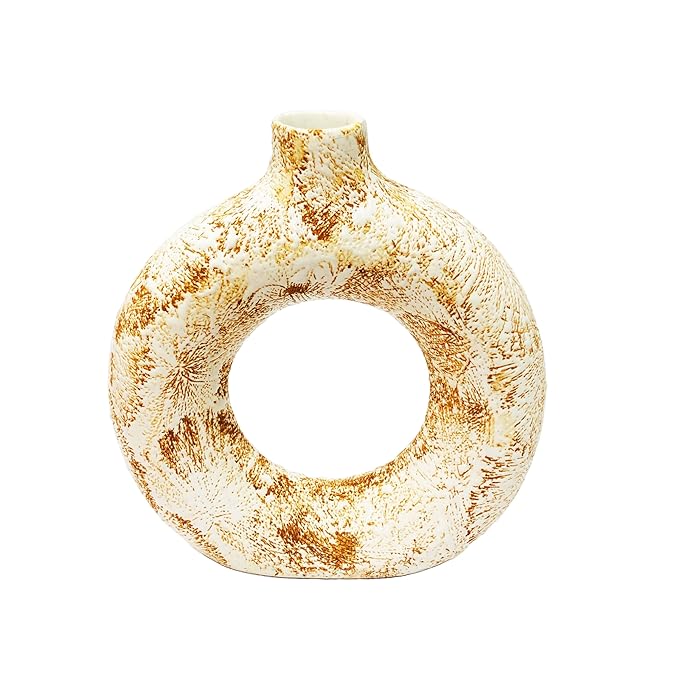 Glossy Textured Decorative Donut Shaped Vase for Home Decor, Table Decor, Size : 7 Inches (Brown White Textured)