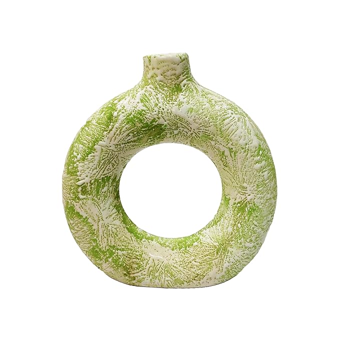 Glossy Textured Decorative Donut Shaped Vase for Home Decor, Table Decor, Size : 7 Inches (Green White Textured)